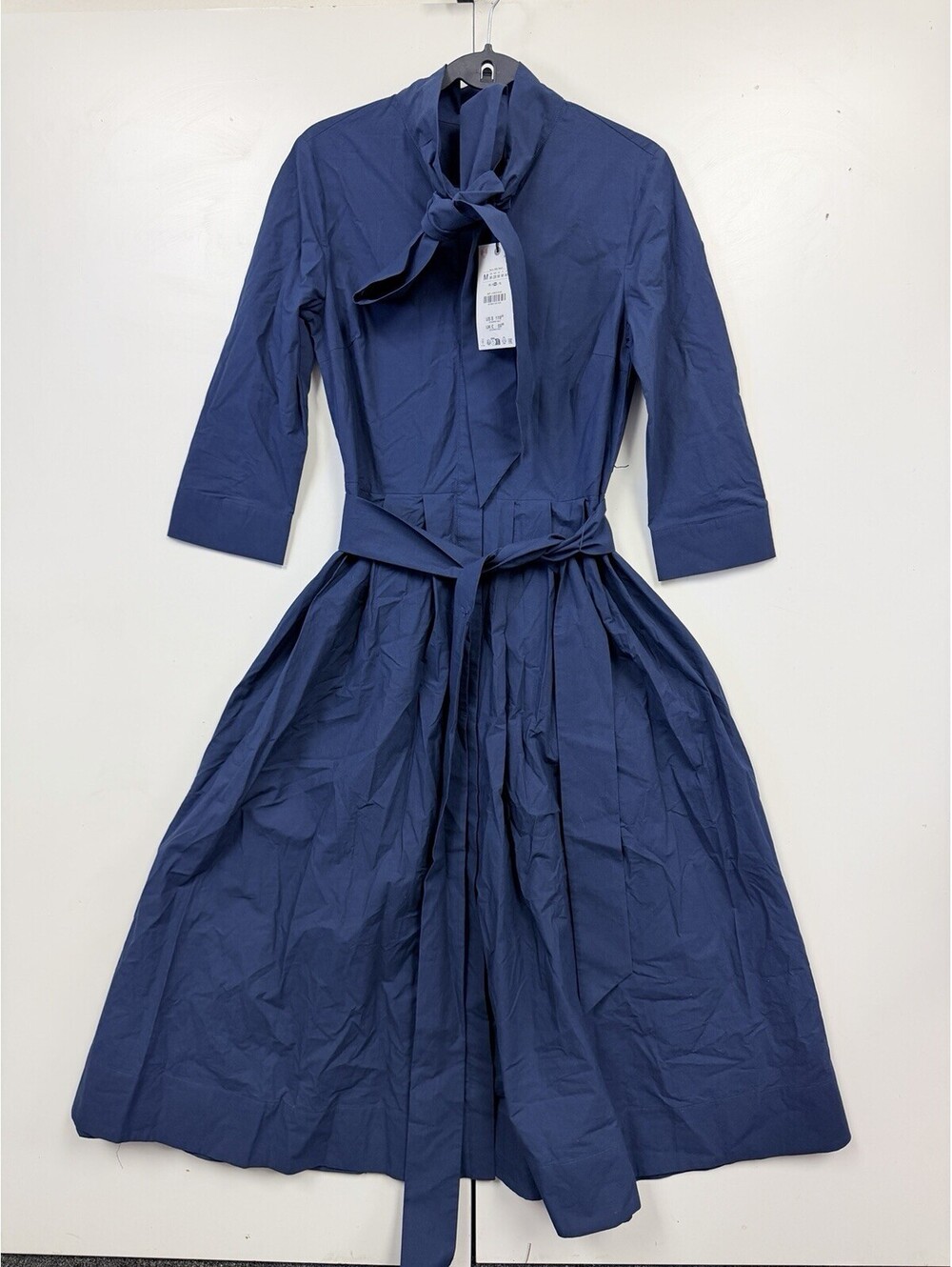 Zara NWT Navy Blue Poplin Midi Dress Belted Fit & Flare Size M